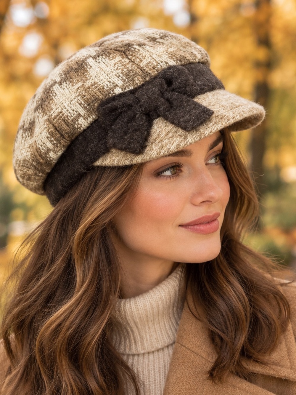 Creativa Women’s Wool Beige Tweed Newsboy Cap with Dark Brown Bow